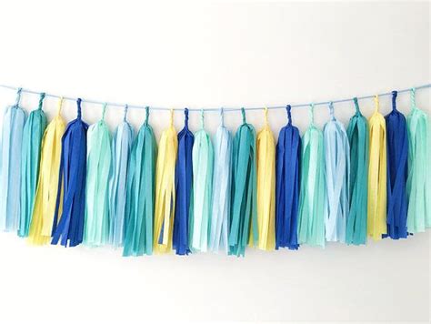 Blue Yellow Mint Tissue Tassel Garland Boy Cake Smash Backdrop Teal