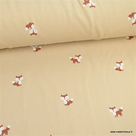 1 Coupon De 135 Cm Tissu Jersey Motif Petits Renards Fond Beige Oeko