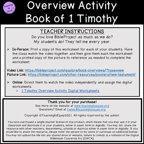 1 Timothy Bible Book Summary Overview Activity Made By Teachers