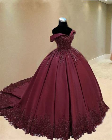 Burgundy Ball Gown Quinceanera Dresses Lace Off The Shoulder Burgundy