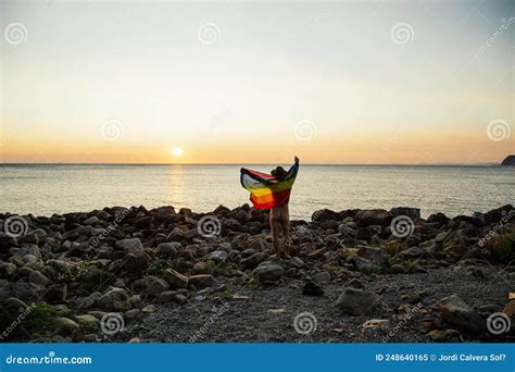Naked Man Waving An Lgtbi Flag Standing On The Beach During Sunset Stock Image Image Of