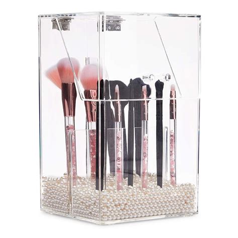 Acrylic Clear Makeup Brush Holder With Lid And Pearls Cosmetic Storage