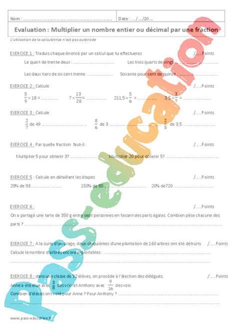 Evaluation Fractions 6ème Cycle 3 Bilan et controle corrigé