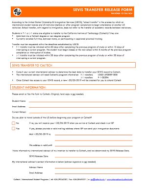 Fillable Online International Caltech Sevis Transfer Release Form