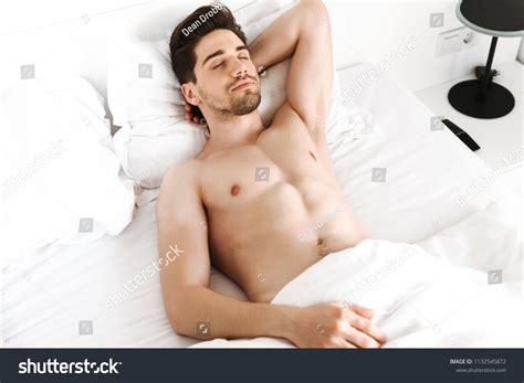 Handsome Shirtless Man Sleeping Bed Home Stockfoto