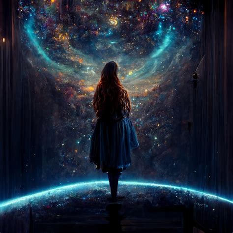 Premium Photo | A girl stands in front of a galaxy wallpaper