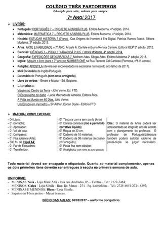 Lista de material 7º ano 2017 PDF