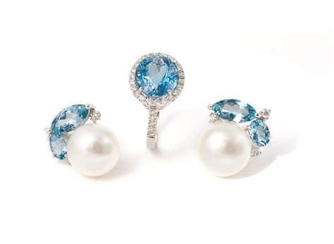 Aquamarine Ring And Earrings With Diamonds And Pearls Exclusively From