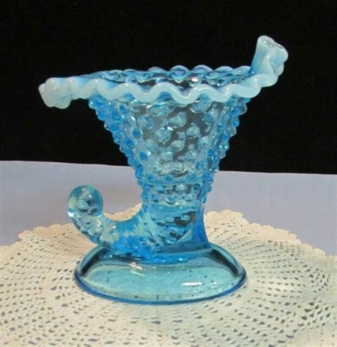 Fenton Blue Opalescent Hobnail Cornucopia Candle Holder Vase Vintage Ebay