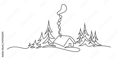 Winter country landscape in continuous line art drawing style. Village ...