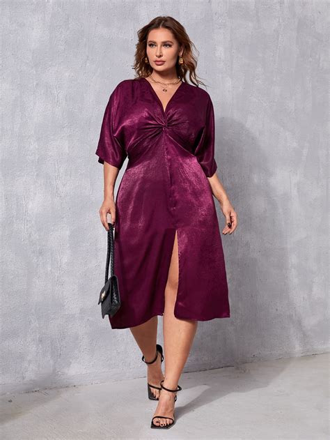 Plus Twist Front Batwing Sleeve Split Thigh Satin Dress Shein Uk