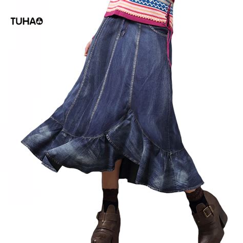 Tuhao Ruffles Retro Denim Skirts Women Mid Calf Pockets Casual Long