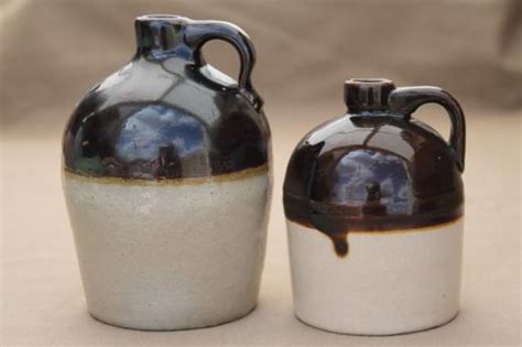 Little Brown And White Jugs Primitive Vintage Stoneware Jug Crock