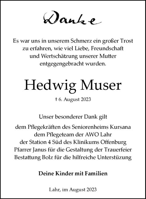 Traueranzeigen von Hedwig Muser Schwarzwälder Bote Trauer