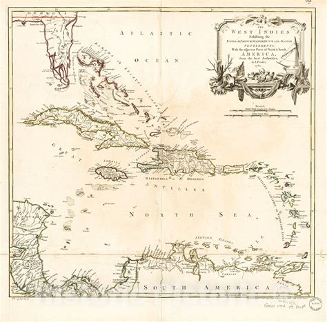 Historic 1762 Map The West Indies Exhibiting The English French