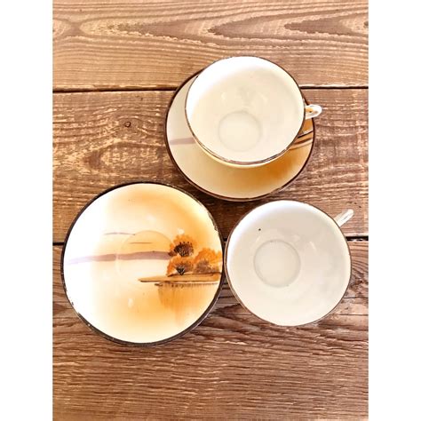 Pair Of Hand Painted Tt Japan Tea Cups And Snack Plates Feastvintage