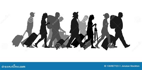 Passengers with Luggage Walking Airport Vector Silhouette. Travelers ...