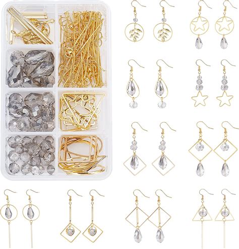 SUNNYCLUE 1 Box DIY 10 Pairs Grey Glass Beads Dangle Earring Kits