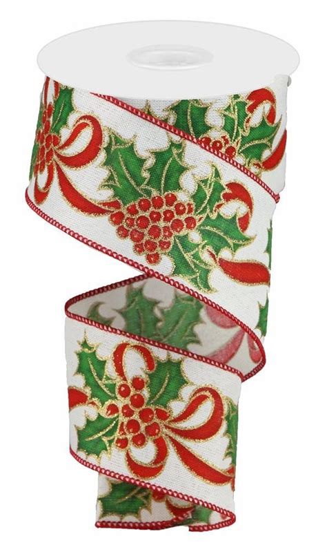 Wired Ribbon Christmas Ribbon Holly And Berries Ribbon Etsy