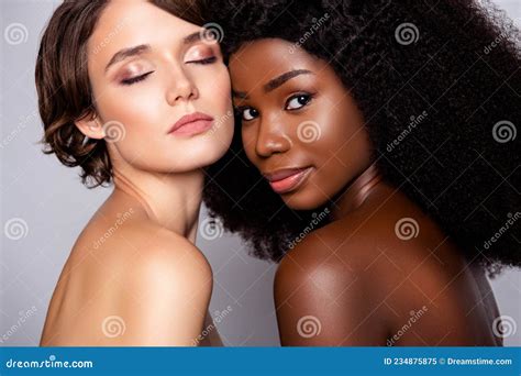 Portrait Of Two Attractive Nude Women Bonding Shine Makeup Decorative
