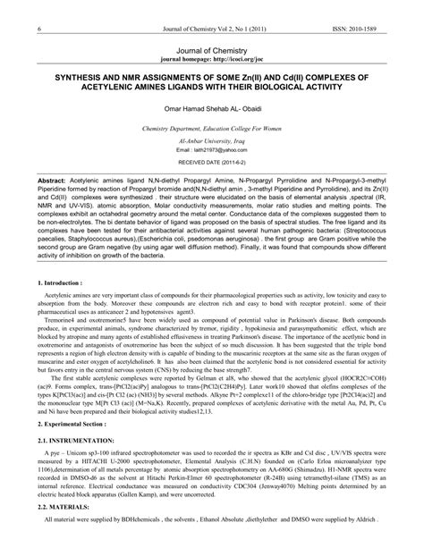 Pdf Synthesis And Nmr Assignments Of Some Zn Ii And Cd Ii Complexes Of Acetylenic Amines