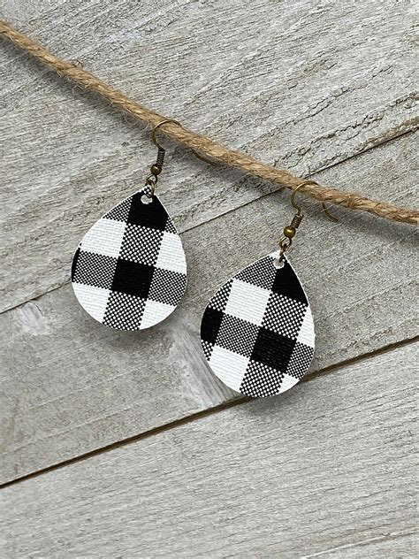 White Black Buffalo Plaid Earrings Tear Drop Earrings Leather