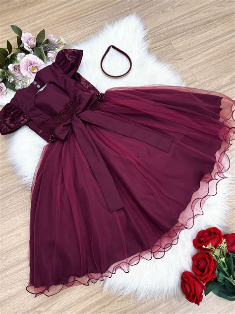 Vestido Infantil Marsala C Renda Cinto Pérolas Tiara Luxo Rosa