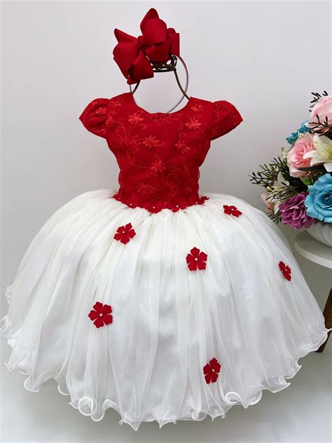 Vestido Infantil Vermelho E Off Renda De Luxo Festa Princesa Rosa