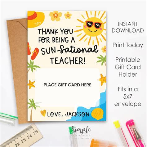 Printable Sun Sational Teacher Appreciation T Card Holder Editable