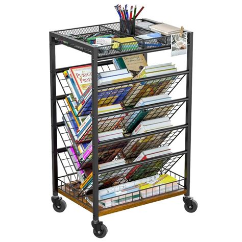 Tier Mobile Book Cart With Wheels Rolling Bookshelf With Storage