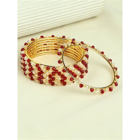 Oomph Combo Of Gold Tone Bangle Set Maroon White Crystal Beads Buy