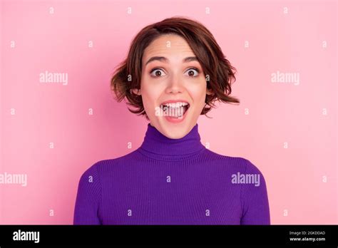 Photo Of Impressed Brunette Millennial Open Mouth Lady Wear Violet