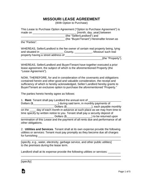 Free Missouri Rent To Own Lease Agreement Pdf Word Eforms