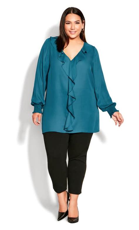 Evans Blue V Neck Ruffle Detail Teal Top Evans