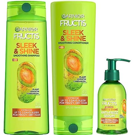 Garnier Fructis Sleek And Shine Shampoo Conditioner Anti Frizz Serum Set For Frizzy Dry Hair