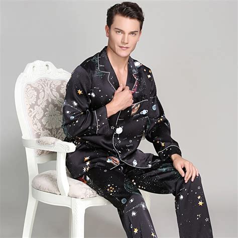 Fashion Black Stars Genuine Silk Pajamas Sets For Men Long Sleeve