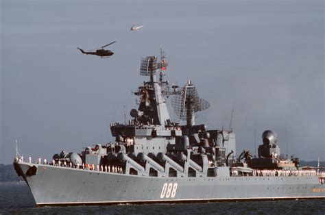 Soviet Officers And Crew Man The Rail Of The Slava Class Guided Missile