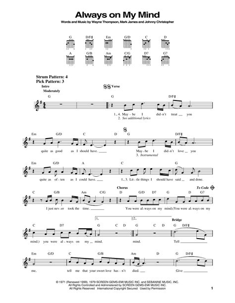 Always On My Mind By Elvis Presley Sheet Music For Easy Guitar At Sheet