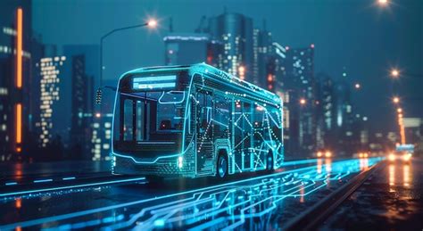 Futuristic Bus In NeonLit City At Night Digital Art Premium AI