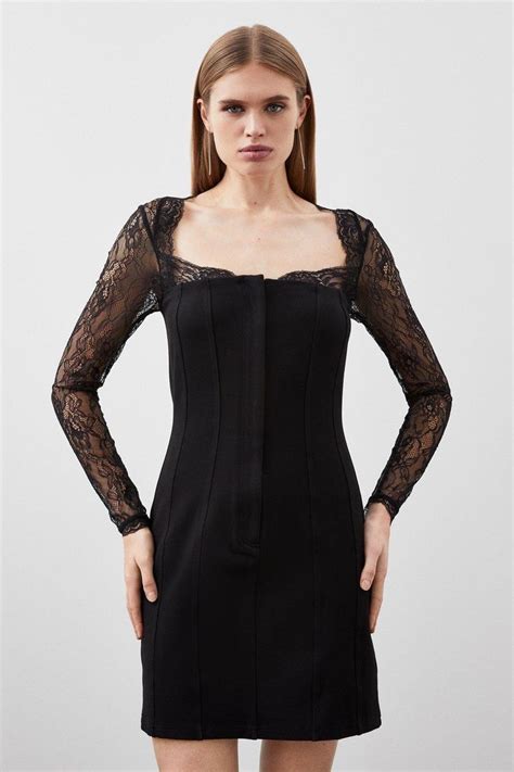 Jersey Ponte And Lace Mini Dress Karen Millen Mini Black Dress