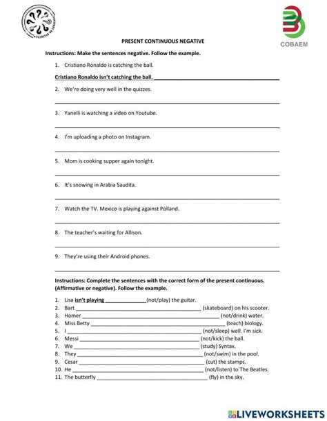 Present Continuous Negative Interactive Exercise Live Worksheets