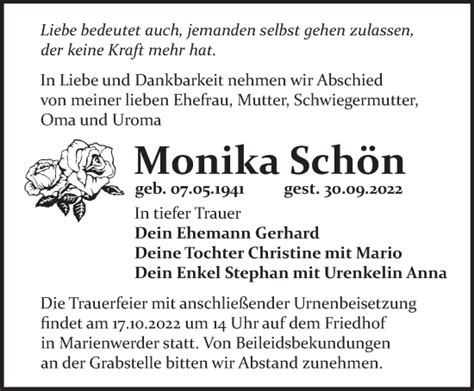 Traueranzeigen von Monika Schön Märkische Onlinezeitung Trauerportal