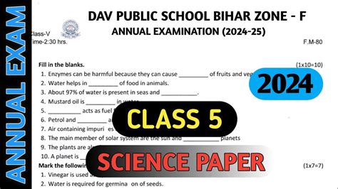 Dav Class 5 Annual Examination Question Paper Of Science Dav Paper