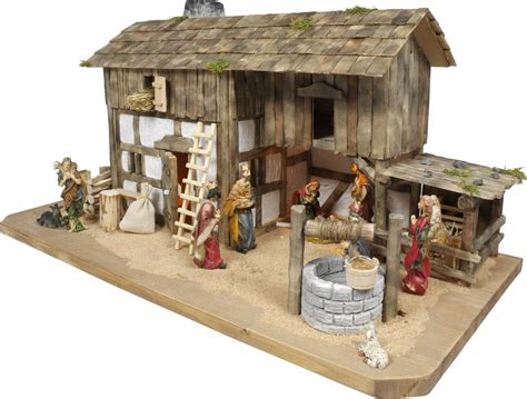 Weihnachtskrippe Fachwerk Incl Beleuchtung Figuren Spielwerk