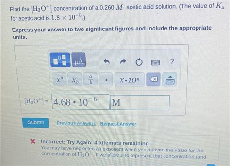 Solved Find The H3O Concentration Of A 0 260M Acetic Acid Chegg