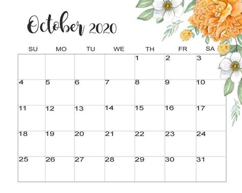 Floral October 2020 Calendar Cute Calendar Printables Landscape