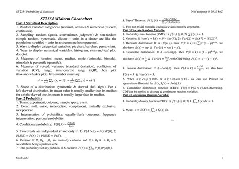 Midterm Cheatsheet St Probability Statistics Niu Yunpeng Nus