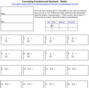 Converting Fractions and Decimals (tenths, hundredths, thousandths ...