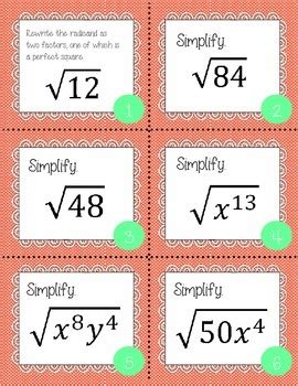 Simplifying Radicals Task Cards By Mcleod S Math Tools Tpt