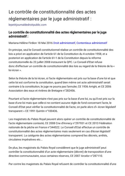 Le Contr Le De Constitutionnalit Des Actes R Glementaires Par Le Juge